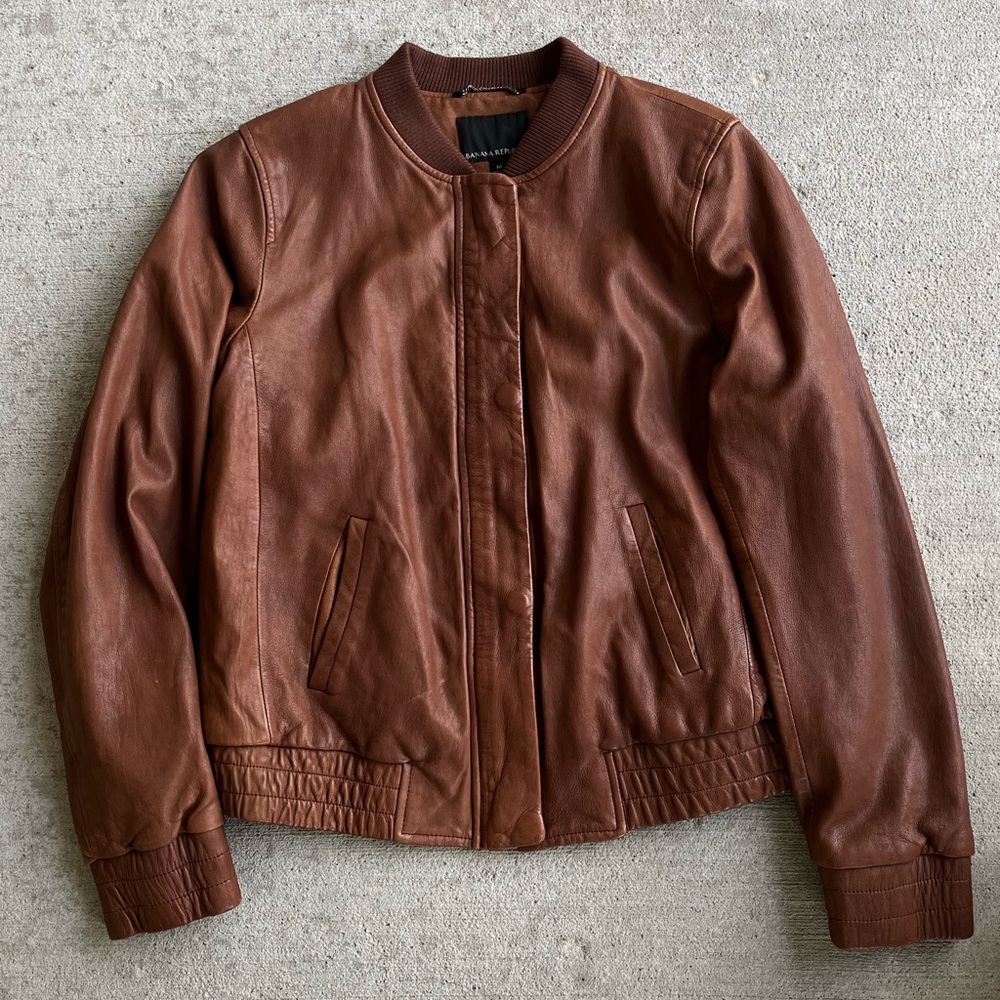 Banana Republic lambs skin leather bomber jacket coat brown